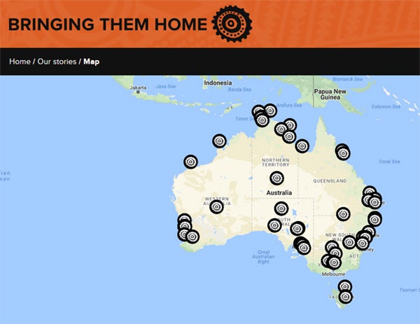 A screenshot of the Australian Human Rights Commission's Bringing Them Home website, showing a map of Australia.