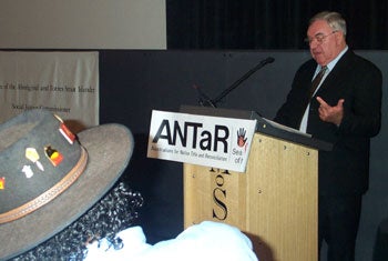 Dr William Jonas, Aboriginal and Torres Strait Islander Social Justice Commissioner speaking at the launch of the Social Justice Report 2003 and the Native Title Report 2003