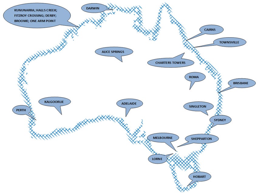 Map showing places visited for Rights & Responsibilities 2014