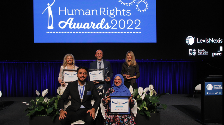 Human Rights Award winners, Mahboba Rawi, Nawid Cina, Caroline Cecile Fletcher, Scientia Professor Jane McAdam, Andrea Comastri (hotel Etico CEO)  