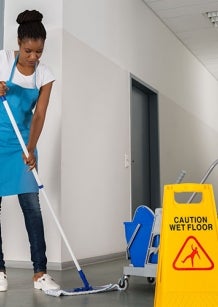 Cleaner in office building with a 'caution wet floor' sign