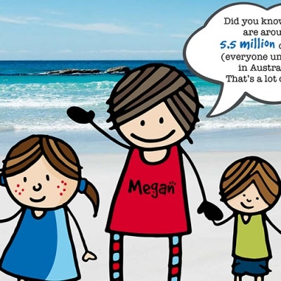 Cartoon of Megan Mitchell with kids. Speech bubble:"Did you know there are 5.5 million children (everyone under 18) in Australia? That's a lot of you!