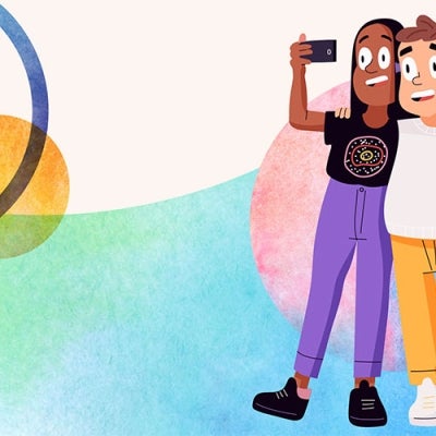 Cartoon of two children taking a selfie photo