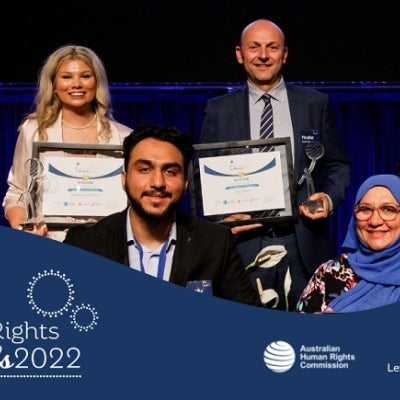 Human Rights Award winners, Mahboba Rawi, Nawid Cina, Caroline Cecile Fletcher, Scientia Professor Jane McAdam, Andrea Comastri (hotel Etico CEO)