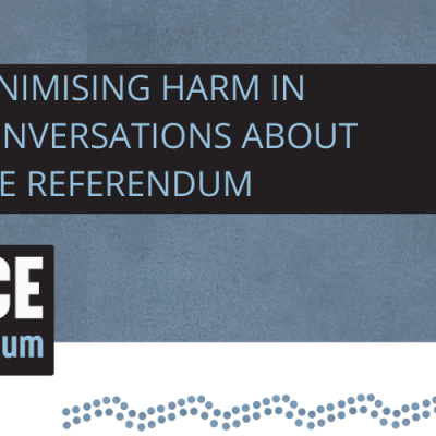 Voice Referendum - 'Minimising harm in conversations about the referendum' banner with blue background and blue Indigenous motif