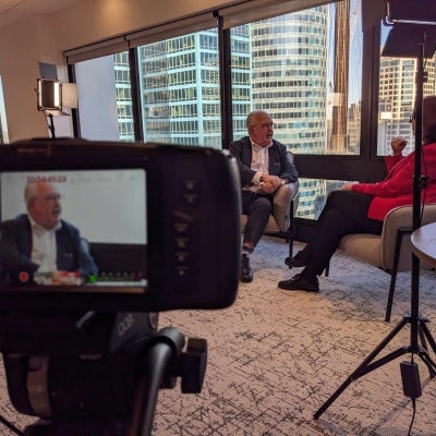 Banner photo for Let's Talk Ageing interview series, showing Age Discrimination Commissioner Robert Fitzgerald AM interviewing AHRC President Em. Professor Rosalind Croucher AM