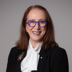 Commission President Emeritus Professor Rosalind Croucher AM, a woman wearing a black jacket and glasses.